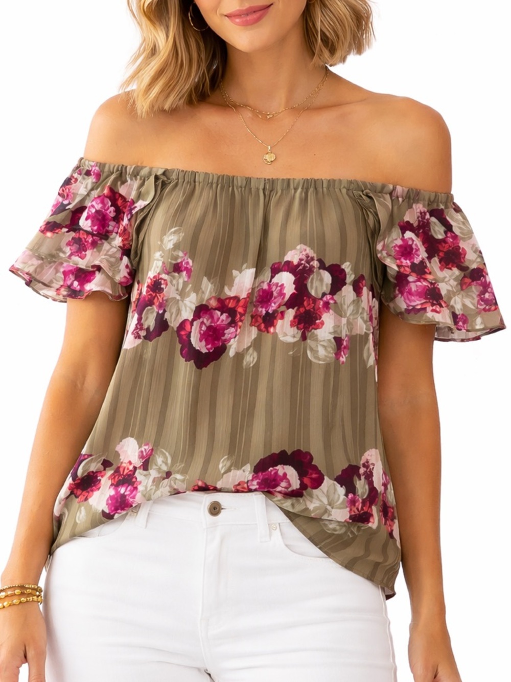 Banana Republic Off Shoulder Floral Top L Green Stripe Ruffle Sleeve
